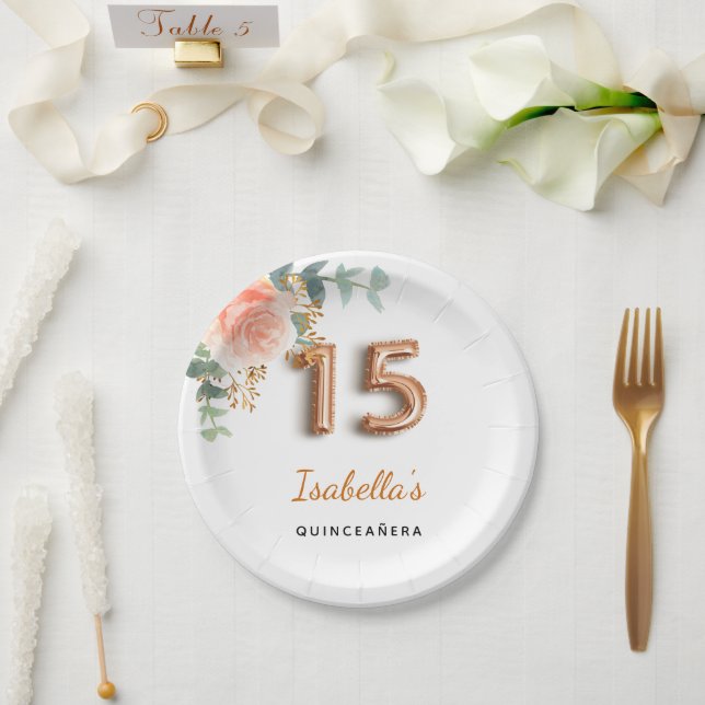 Assiettes En Carton Quinceanera rose floral or eucalyptus monogramme (Mariage)