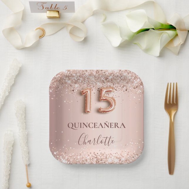 Assiettes En Carton Quinceanera rose or blush parties scintillant nom  (Mariage)