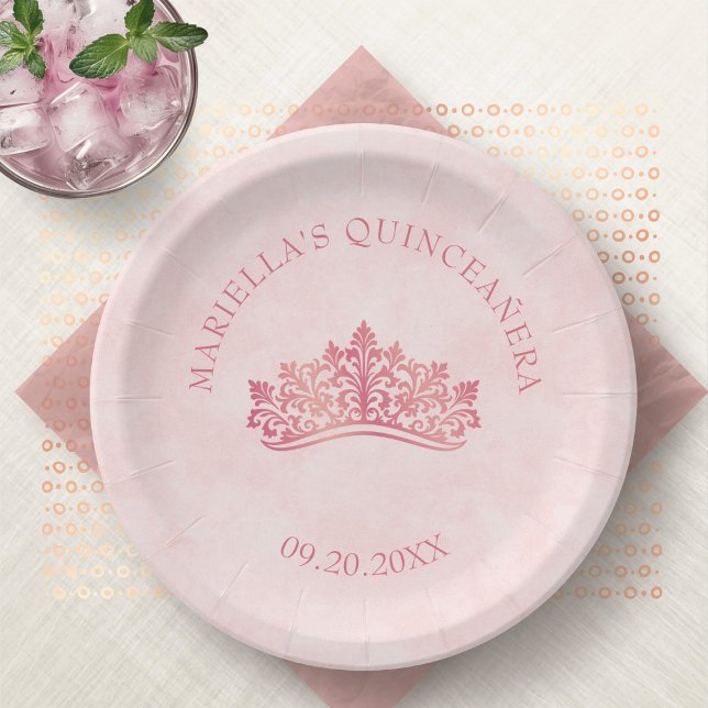 Assiettes En Carton Quinceanera rose Tiara Couronne élégante (Créateur téléchargé)