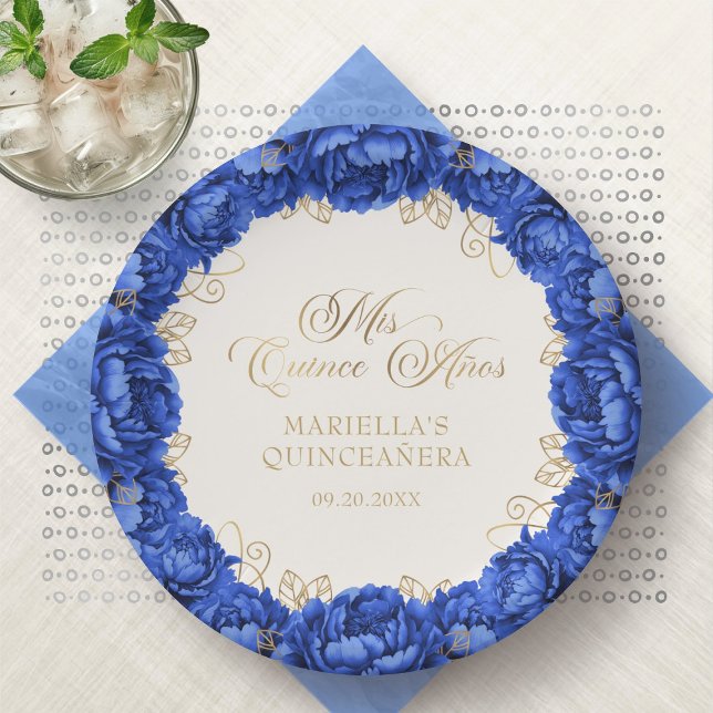 Assiettes En Carton Quinceanera Royal Blue Floral (Créateur téléchargé)