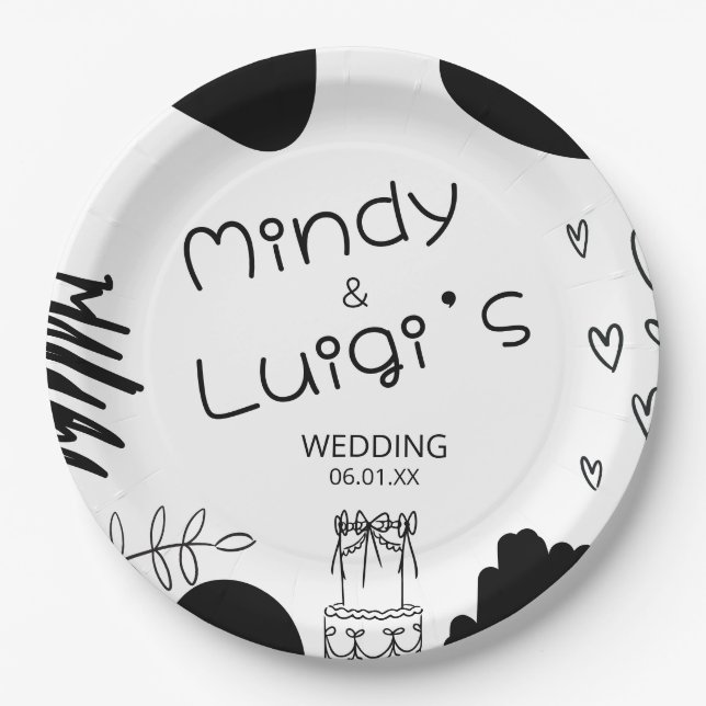 Assiettes En Carton Quirky Doodle Shapes Script Wedding (Devant)