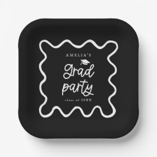 Assiettes En Carton Quirky Wavy Line Black Grad Party