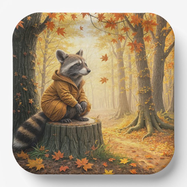 Assiettes En Carton Raccoon d'automne assis sur une souche d'arbre (Recto)