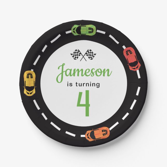 Assiettes En Carton Race Track Boys 4th Birthday Plaques de papier bla (Devant)
