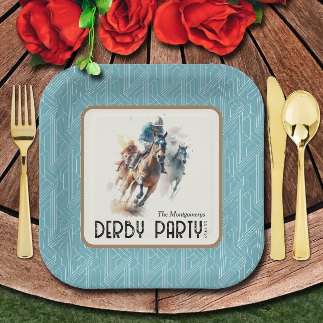 Assiettes En Carton Racehores Derby Party Aqua Carré (Racehorses Derby Party Aqua Square Paper Plates)