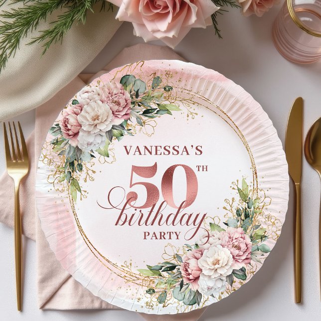 Assiettes En Carton Radiant Rose Gold Glitter Floral 50th Birthday  (Radiant Rose Gold Glitter Floral 50th Birthday Party Paper Plates

)