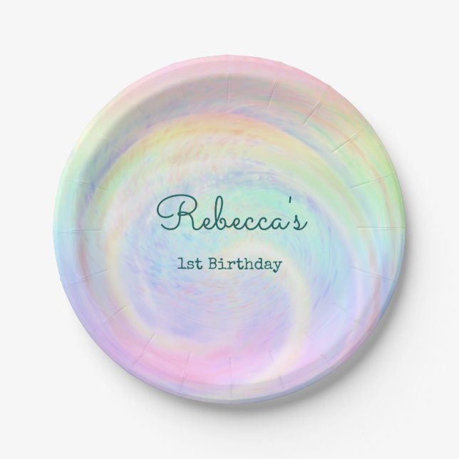 Assiettes En Carton Rainbow Aesthétique Pastel Swirl 1er anniversaire (Devant)