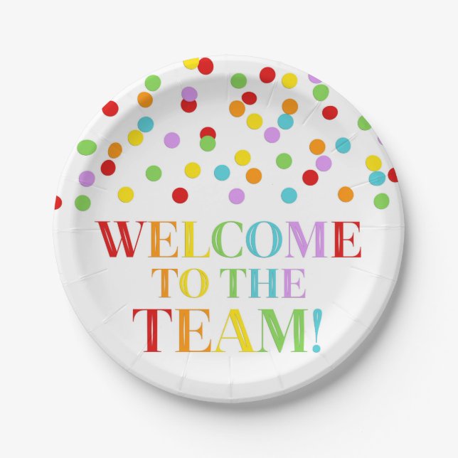 Assiettes En Carton Rainbow Confetti Bienvenue dans l'équipe (Devant)