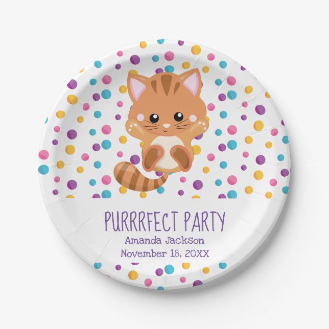 Assiettes En Carton Rainbow Confetti Cute Cat Puurfect Anniversaire (Devant)