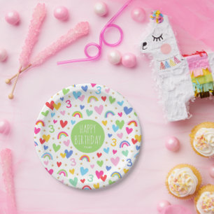Assiettes En Carton Rainbow Hearts 3e anniversaire Nom de la fête Vert