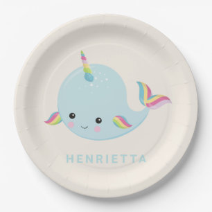 Assiettes En Carton Rainbow Narwhal Kawaii Motif Pastel Blue Name
