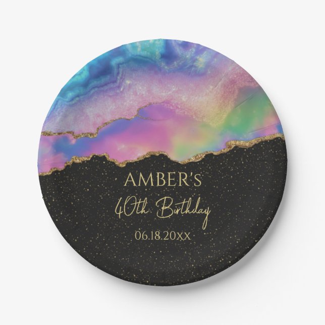 Assiettes En Carton Rainbow Pastel Gold Glitter Abstract Watercolor  (Devant)