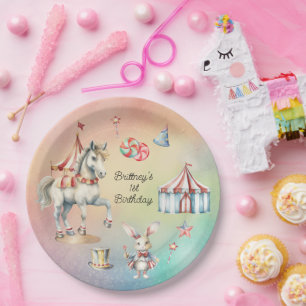 Assiettes En Carton Rainbow Pastel w Animaux 1ère fête d'anniversaire