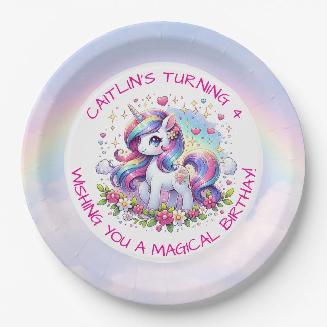 Assiettes En Carton Rainbow Unicorn Girl's Birthday Party Personalized (Devant)