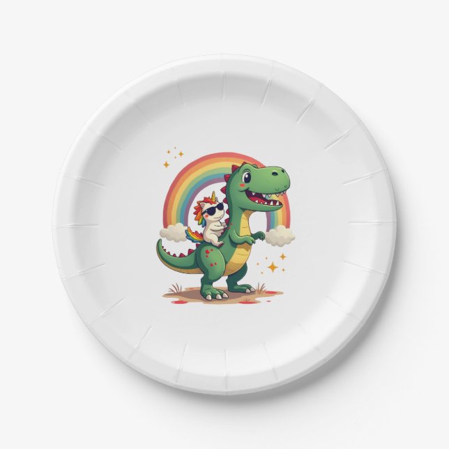 Assiettes En Carton Rainbow Unicorn Riding T rex - Dinosaur Boys Girls (Devant)