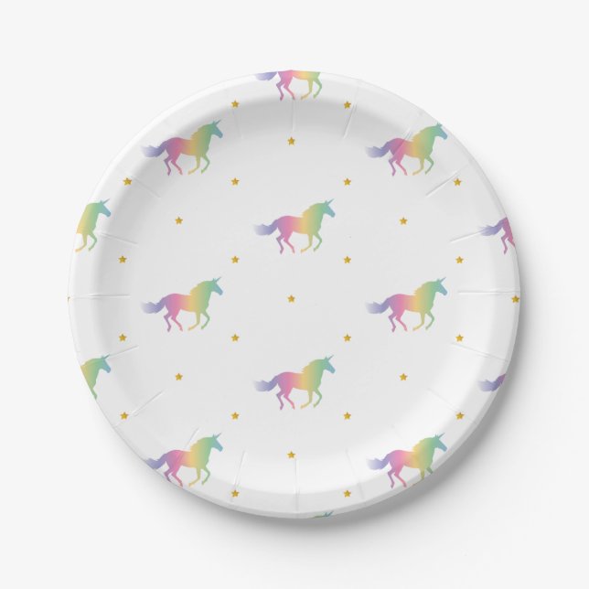 Assiettes En Carton Rainbow Unicorns & Gold Stars Motif (Devant)
