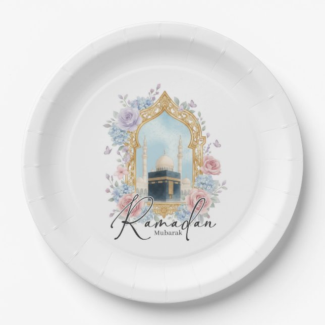 Assiettes En Carton Ramadan Mubarak Kaaba Floral Islamic Party Decor (Devant)