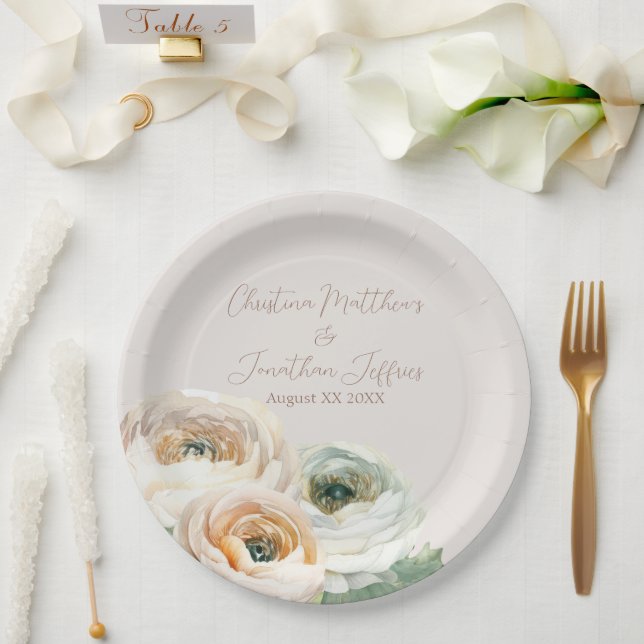 Assiettes En Carton Ranunculus Romantique aux Pêches sur Fond Ivoire (Mariage)