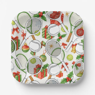 Assiettes En Carton Raquette de tennis et bille encre noire sur vert