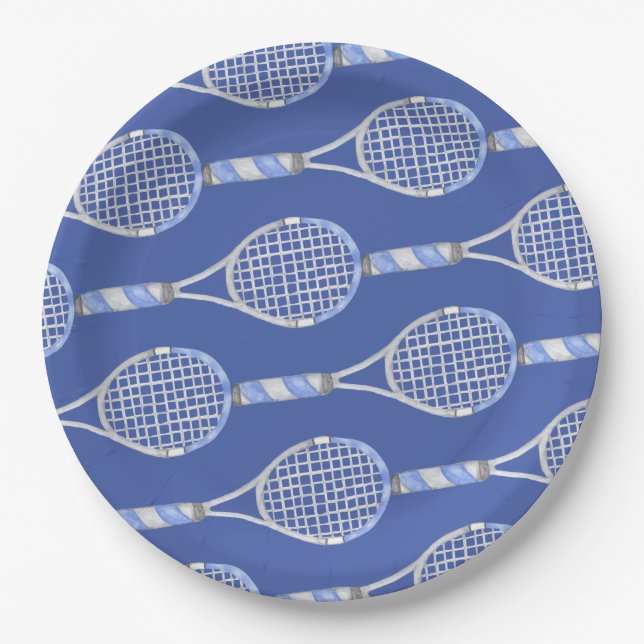 Assiettes En Carton Raquette de tennis sur la fête arrière - plan bleu (Devant)