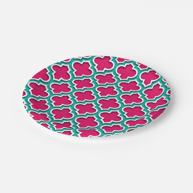 Assiettes En Carton Raspberry Teal White Moroccan (Angle)