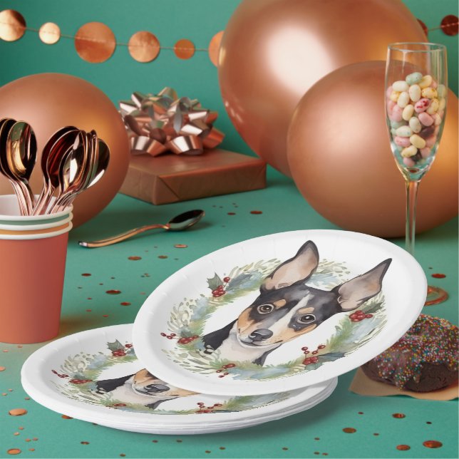 Assiettes En Carton Rat Terrier Fête de Noël Wreath Pup (Multi)