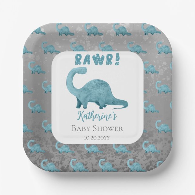 Assiettes En Carton Rawr Turquoise Blue Dinosaur Baby shower garçon (Recto)