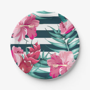 Assiettes En Carton Rayé floral d'été exotique