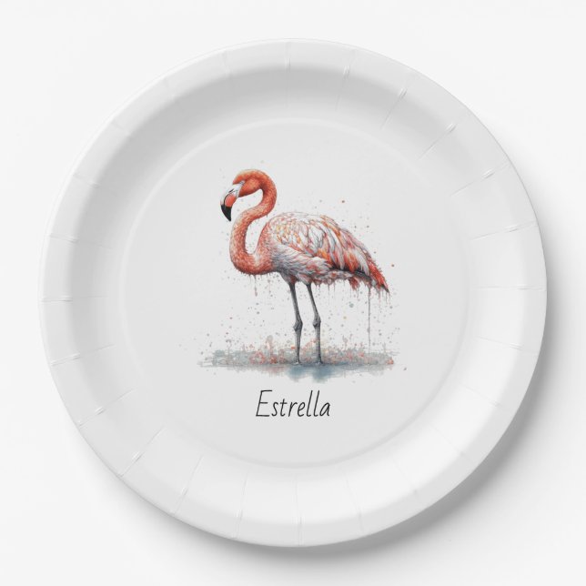 Assiettes En Carton Rayon de Flamant rose : Aquarelle tropicale, perso (Devant)