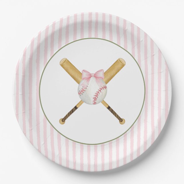 Assiettes En Carton Rayure Rose Baseball  (Devant)