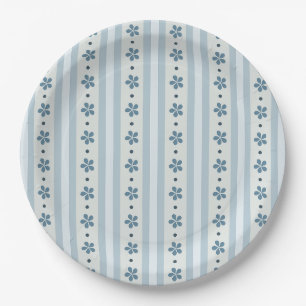 Assiettes En Carton Rayures Bleues Clair Et Fleurs