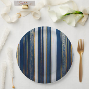 Assiettes En Carton Rayures bleues Hanukkah Blues Bleu Blanc Or