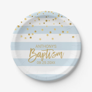 Assiettes En Carton Rayures bleues personnalisées d'or de GARÇON de