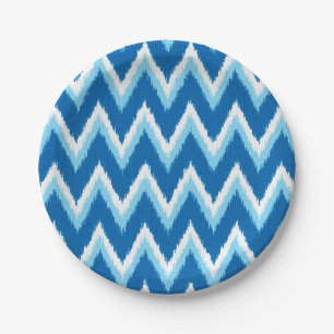 Assiettes En Carton Rayures Chevron Ikat - Cobalt, Bleu Ciel et Blanc
