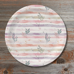 Assiettes En Carton Rayures de feuilles pastel à l'aquarelle vintage