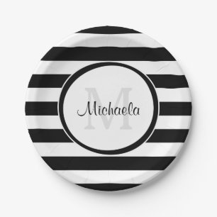 Assiettes En Carton Rayures de sucrerie et monogramme noirs snob de