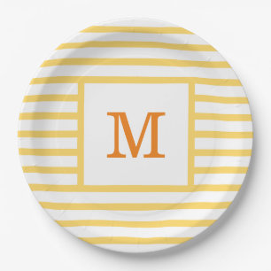 Assiettes En Carton Rayures jaunes et blanches Monogramme personnalisé