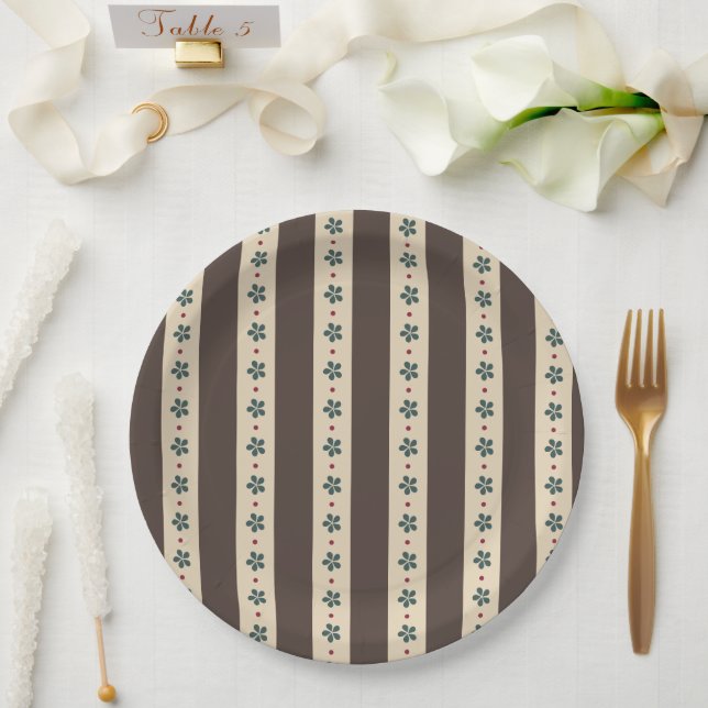 Assiettes En Carton Rayures Marron Et Fleurs (Mariage)