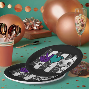 Assiettes En Carton Rayures noires et blanches Paix Amour Football