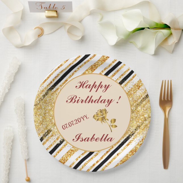 Assiettes En Carton Rayures Paillettes Or Noir Boho Collection Populai (Mariage)