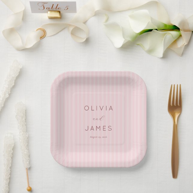 Assiettes En Carton Rayures Rose Romantique (Mariage)