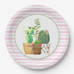 Assiettes En Carton Rayures roses et blanches avec succulentes de cact