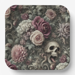 Assiettes En Carton Reaping in the Rose - Gothic Floral Skull