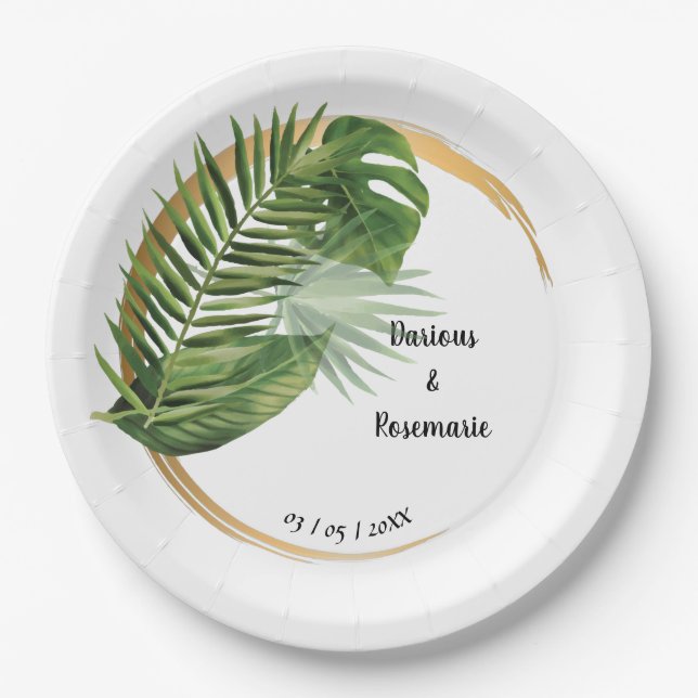 Assiettes En Carton Réception de mariage pour mariée de palme tropical (Devant)