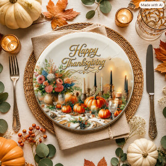 Assiettes En Carton Récolte de Thanksgiving de script or élégant