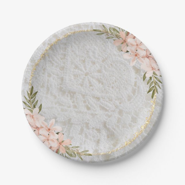 Assiettes En Carton Recouvert de dentelle avec bordure dorée et floral (Devant)