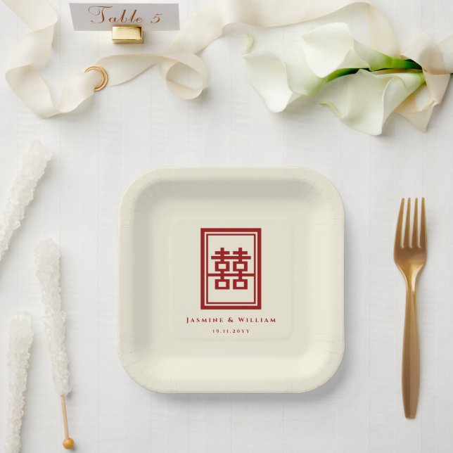Assiettes En Carton Rectangle classique Double Bonheur Mariage chinois (Mariage)