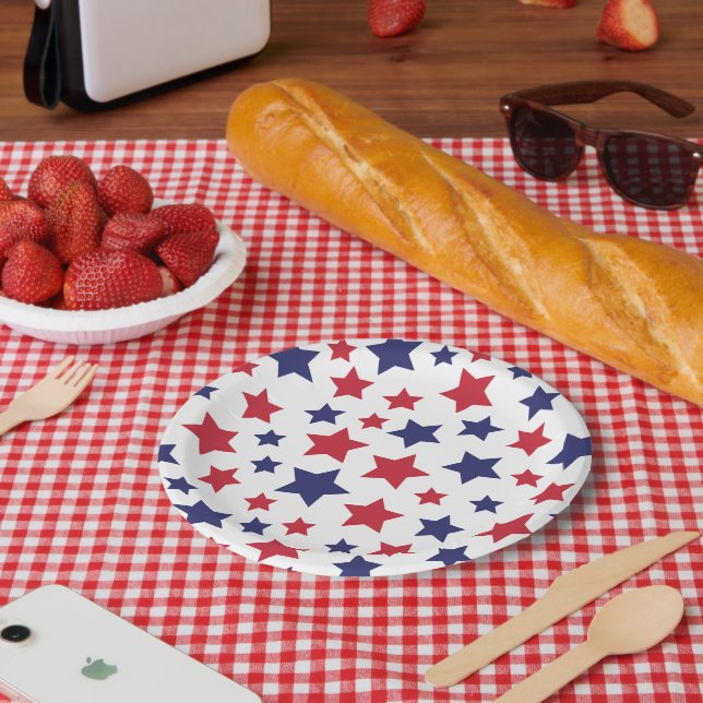 Assiettes En Carton Red and Blue Stars, 4th of July, White Background (Pique-nique)