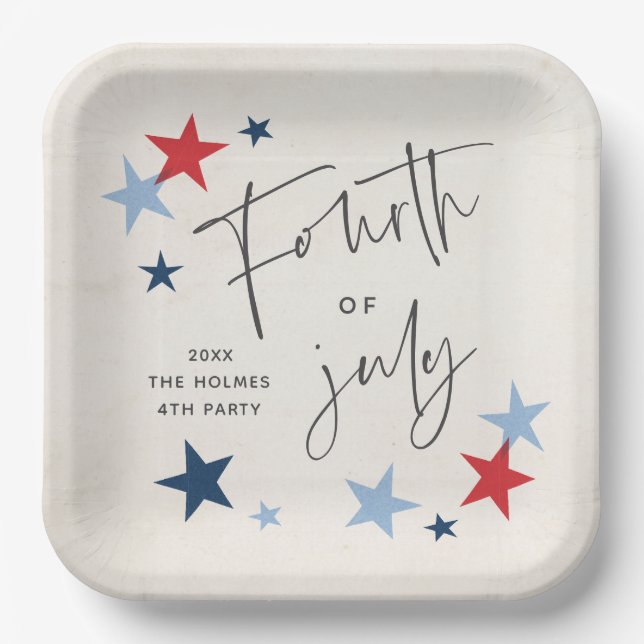 Assiettes En Carton Red and Blue Stars American 4 juillet Party (Recto)