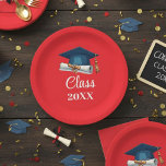 Assiettes En Carton Red and White Personalized Class Graduation Paper<br><div class="desc">Red and White Personalized Class of 20XX Graduation Paper Plate Celebrate your academic achievement in style with these vibrant red graduation party paper plates. Featuring a classic blue graduation cap (mortarboard) and a rolled diploma with a gold ribbon, this design is perfect for high school or university celebrations. You can...</div>